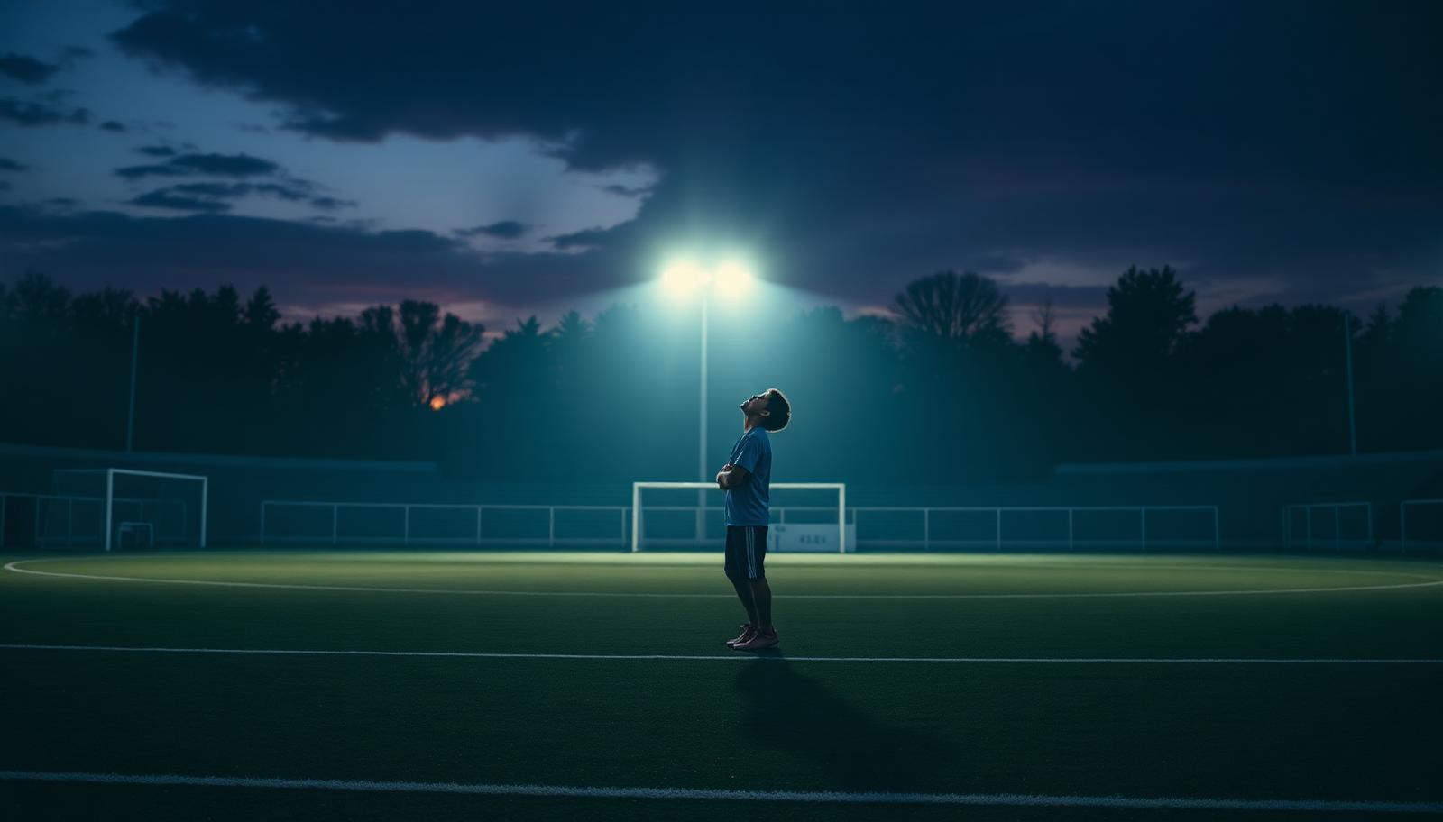 Youth football coaching session under floodlights