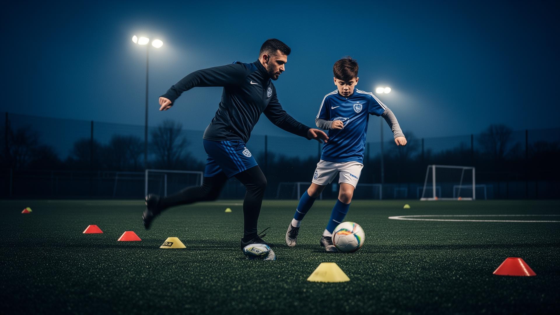 Football coach training a young player on a floodlit pitch